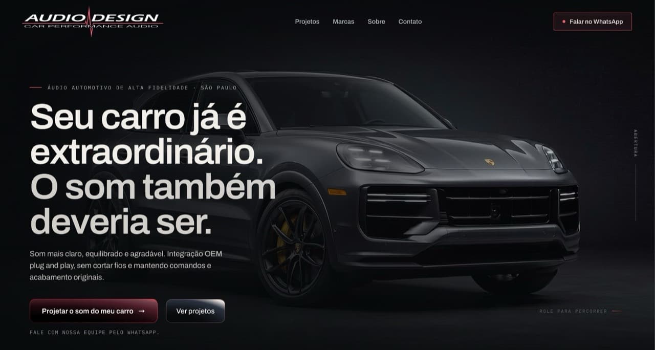 Site da Audio Design com Porsche em destaque e apresentação de projetos de som automotivo
