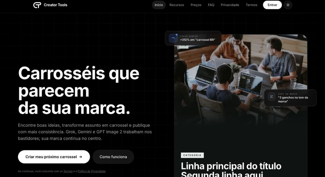 Página do Creator Tools com prévia de carrossel e recursos de criação com inteligência artificial