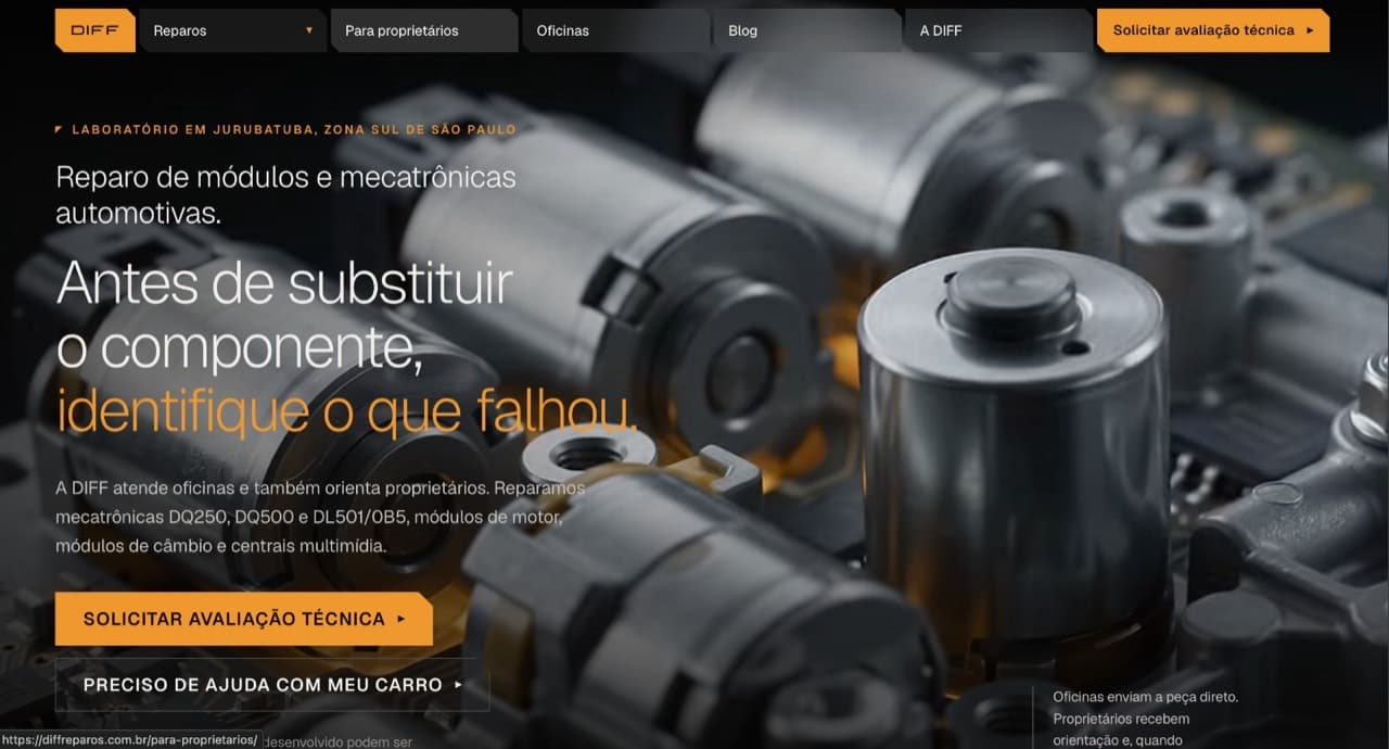 Site da DIFF Reparos com mecatrônica automotiva e chamada para avaliação técnica