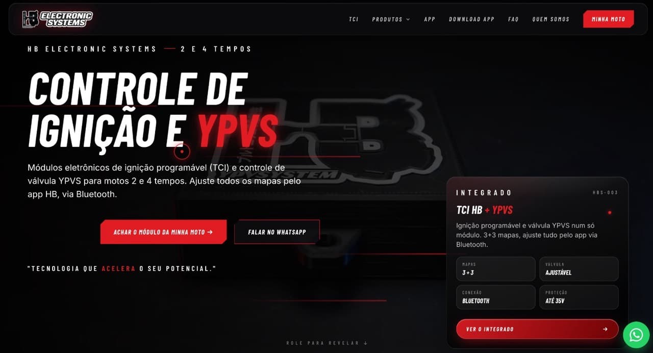 Site da HB Electronic Systems com módulos de ignição e controle YPVS em destaque