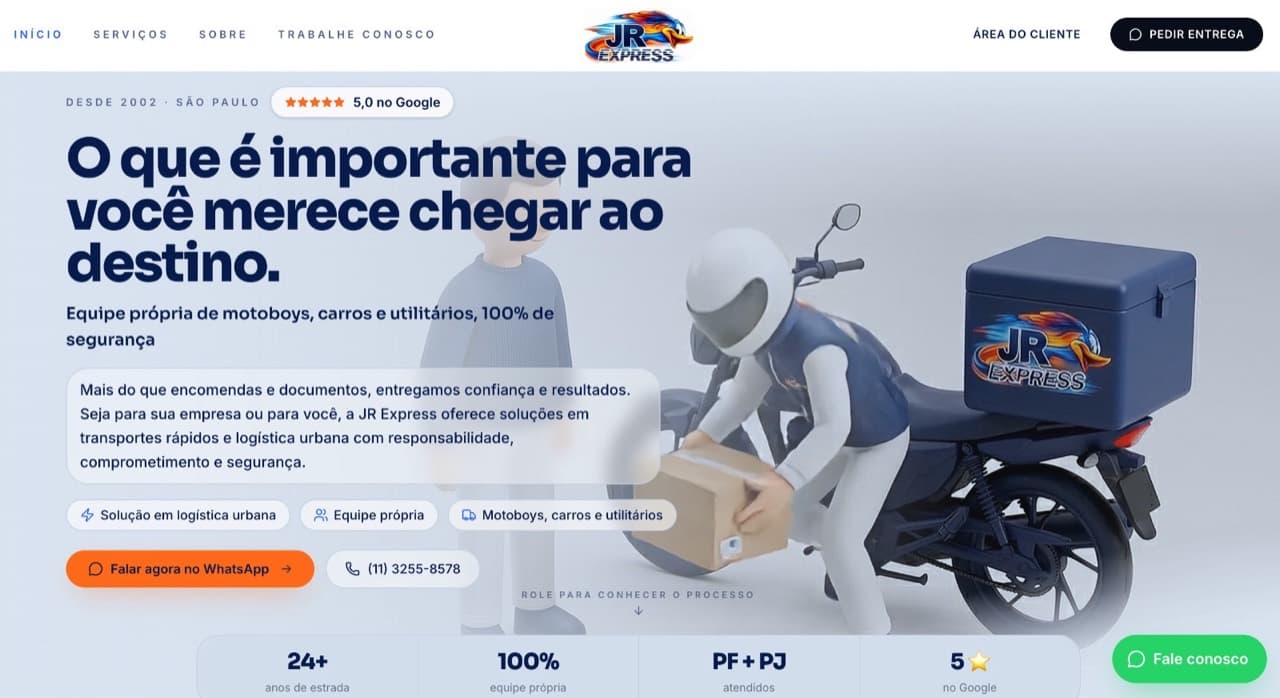Site da JR Express com cena de entrega em 3D e chamada para solicitar transporte