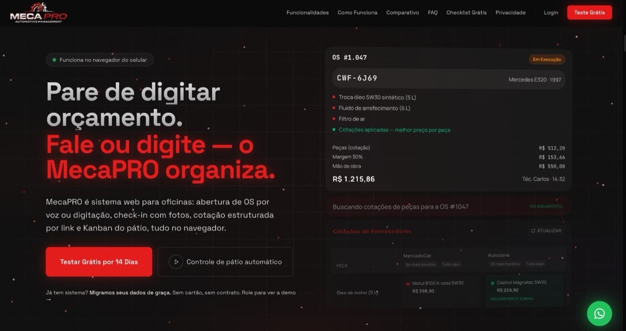 Página do MecaPRO com demonstração de ordem de serviço e cotação de peças